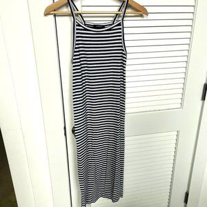 High Neck Navy and White Striped Ribbed Midi Dress Size Small